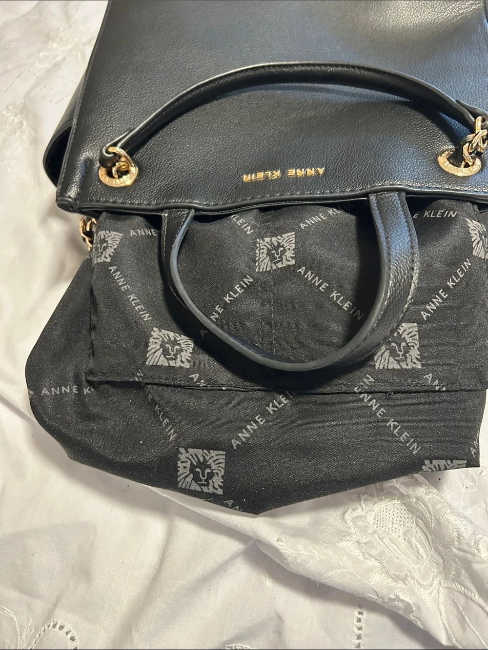 Anne Klein textured black leather look PVC satchel bag.